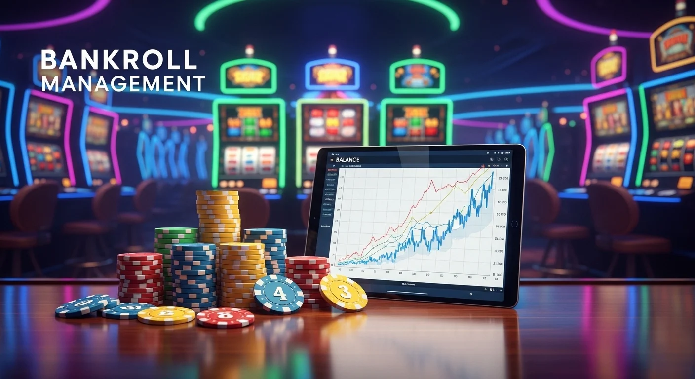 Kazino chiplar va moliyaviy boshqaruv grafikasi bilan slot o‘yini strategiyasi tasviri