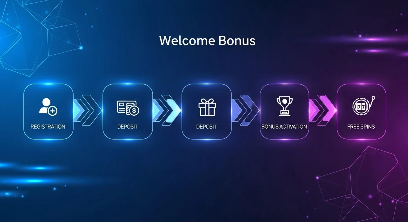 Ro‘yxatdan o‘tishdan bonus olishgacha bo‘lgan jarayon bosqichlari ko‘rsatilgan kazino interfeysi